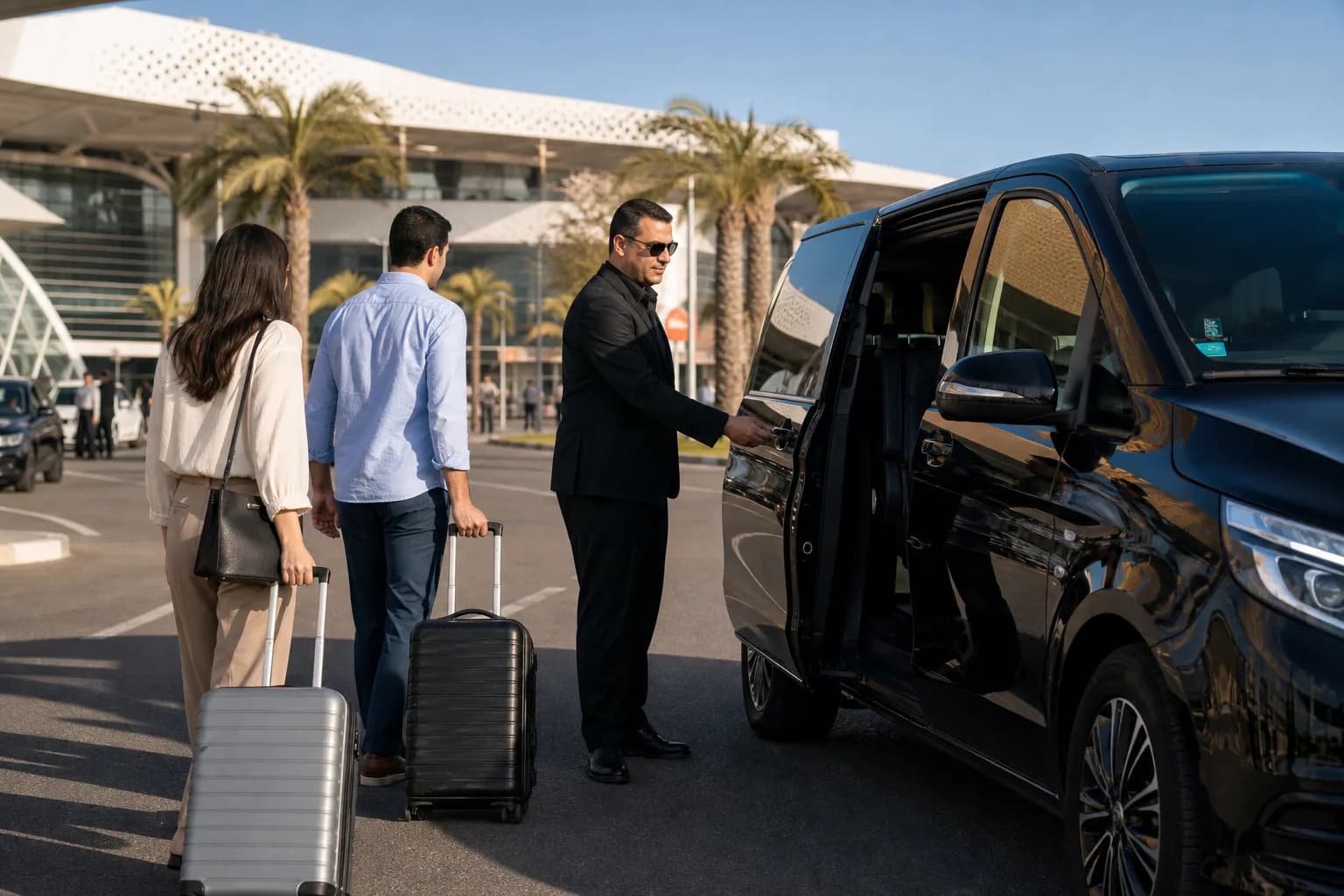 Chauffeur privé ouvrant la porte du véhicule à l’aéroport Marrakech-Ménara