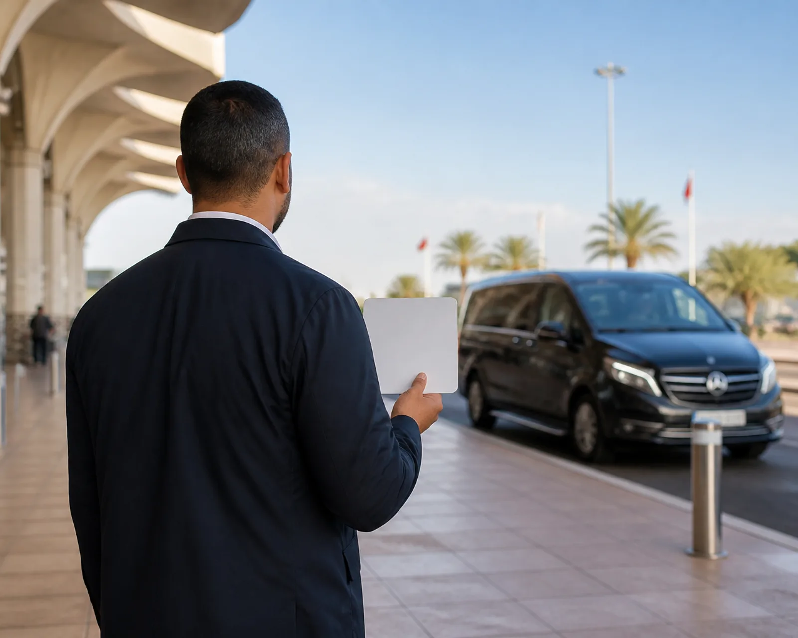 Chauffeur privé de dos, pancarte à la main, attendant à la sortie des arrivées d’un aéroport au Maroc