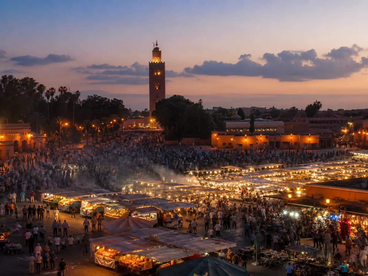 Place Jemaa el-Fna à Marrakech avant un trajet privé