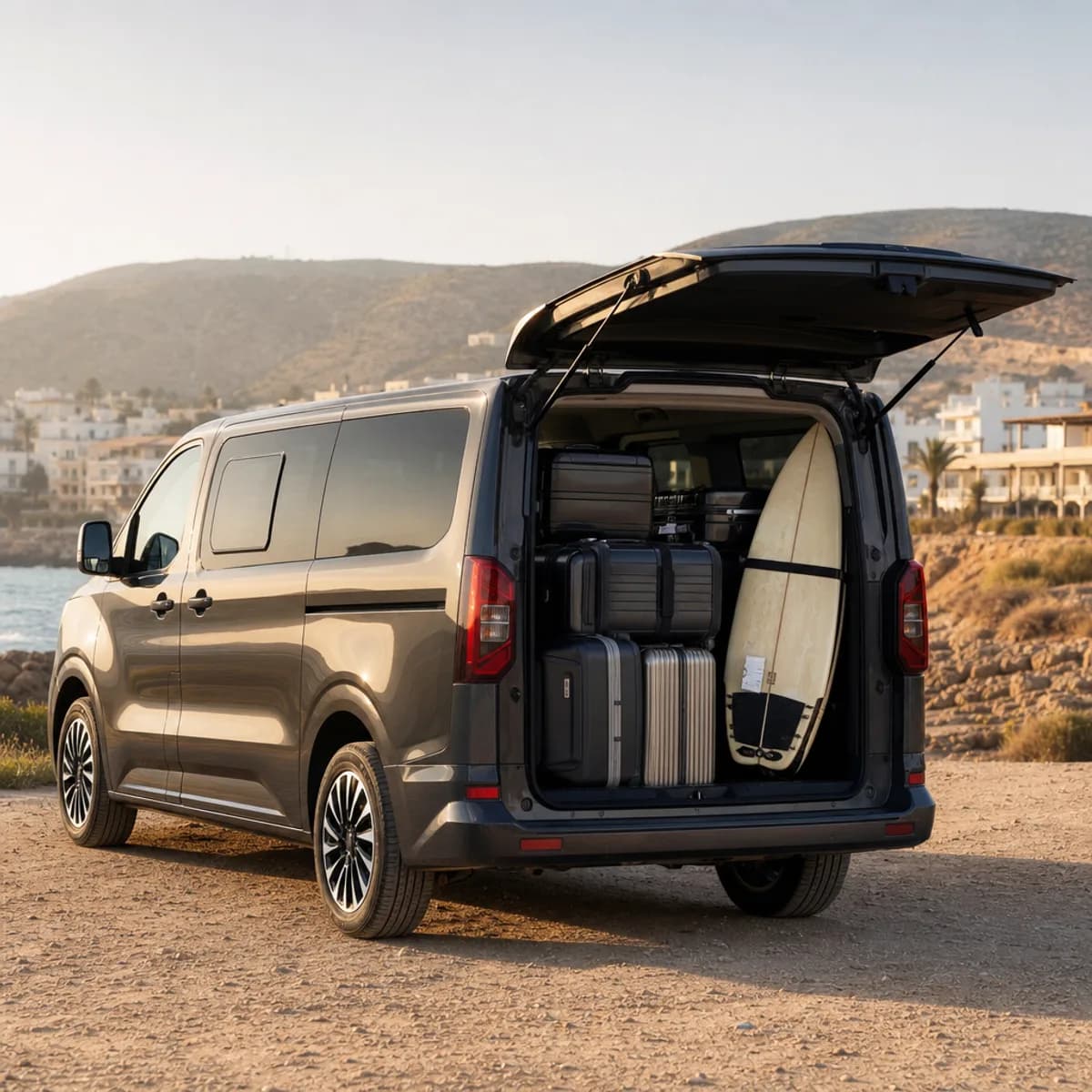 Véhicule SafarWay avec coffre ouvert pour bagages et planche de surf